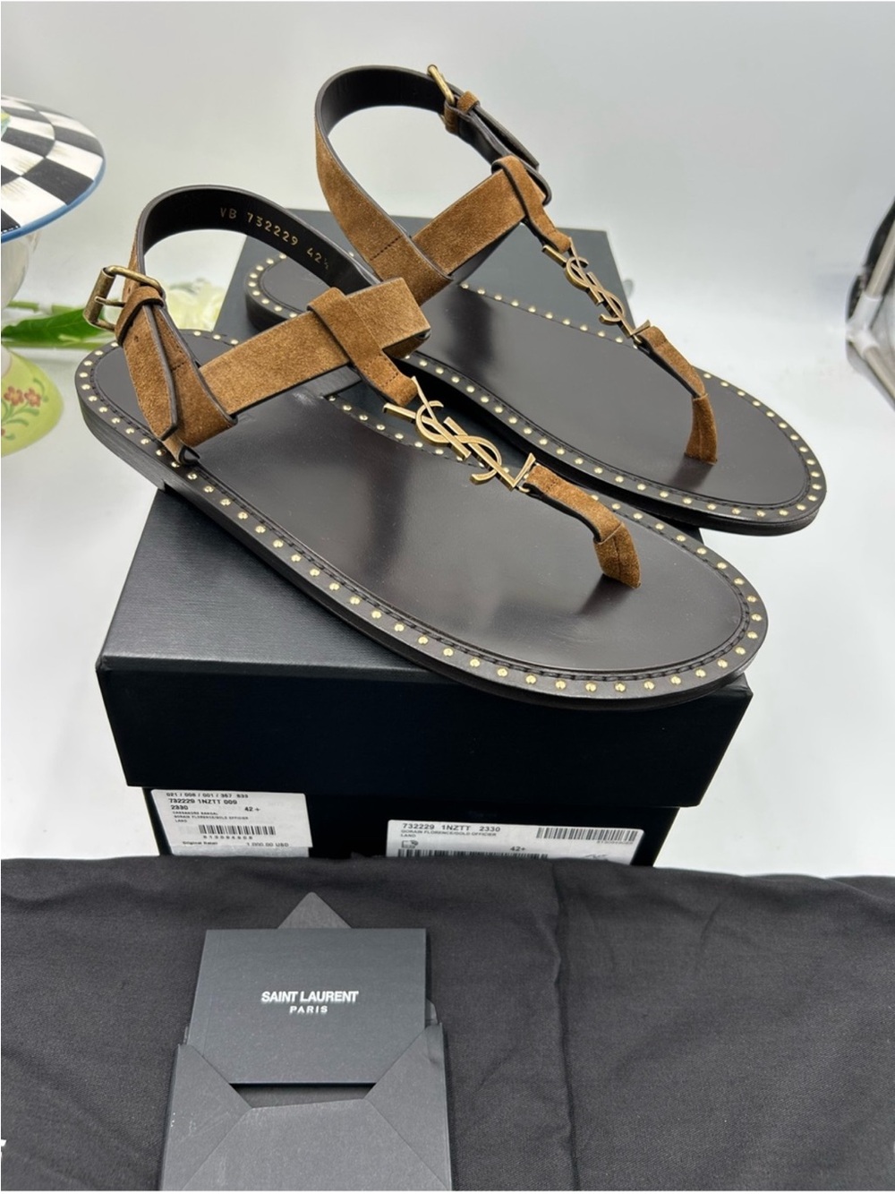 Saint Laurent Brown Suede T-Strap Logo Sandals CASSANDRE. Size 43 - Picture 5 of 7